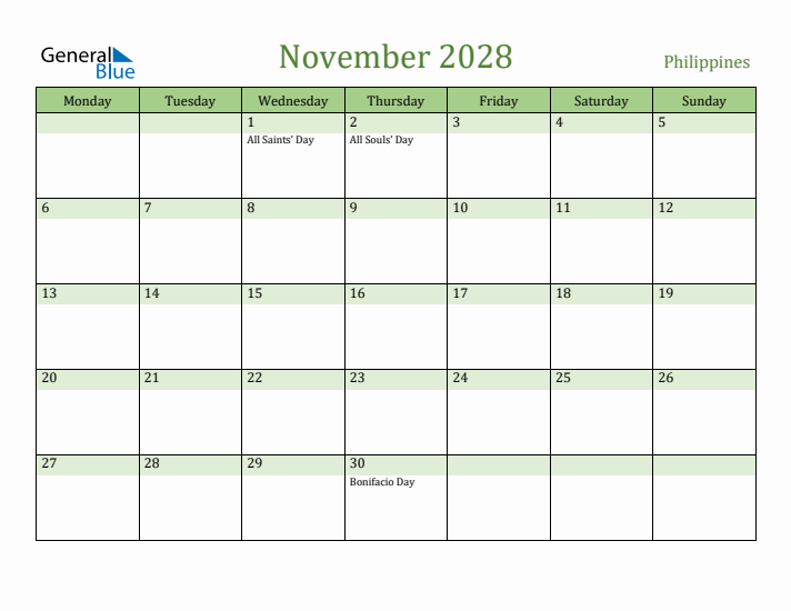 November 2028 Calendar with Philippines Holidays