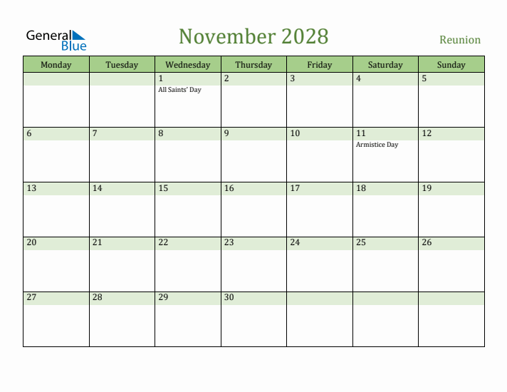 November 2028 Calendar with Reunion Holidays