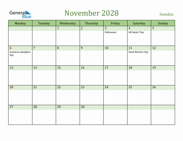 November 2028 Calendar with Sweden Holidays
