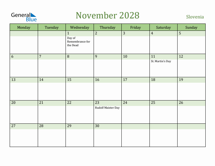 November 2028 Calendar with Slovenia Holidays