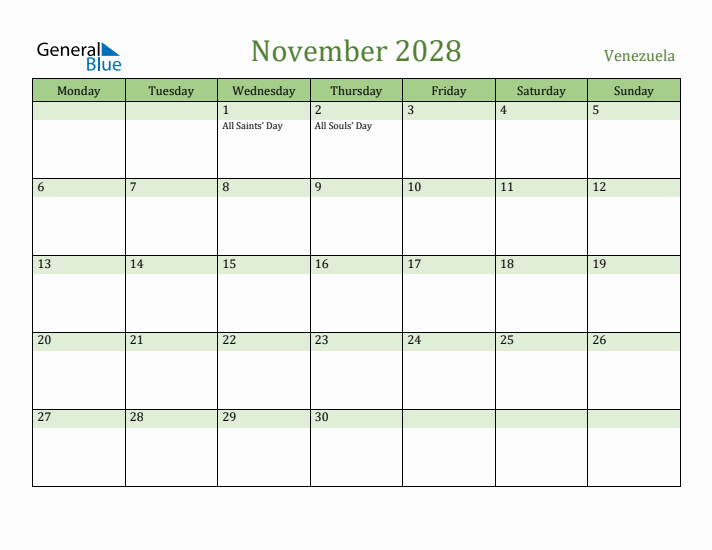 November 2028 Calendar with Venezuela Holidays