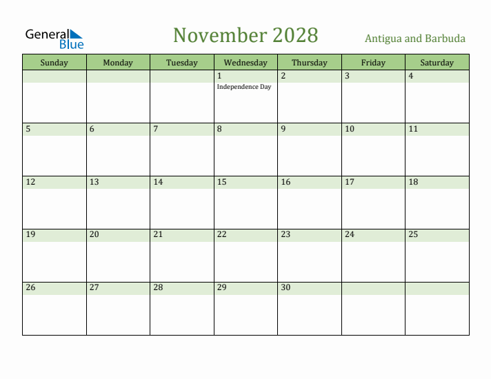 November 2028 Calendar with Antigua and Barbuda Holidays