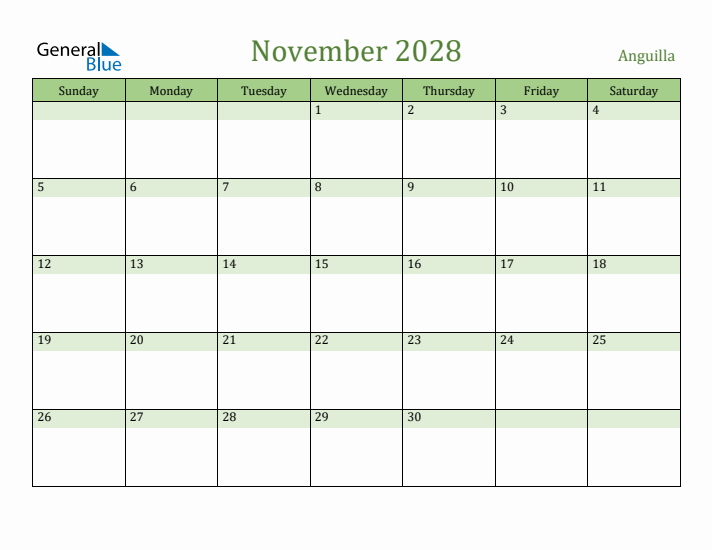 November 2028 Calendar with Anguilla Holidays