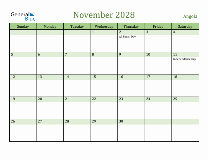 November 2028 Calendar with Angola Holidays
