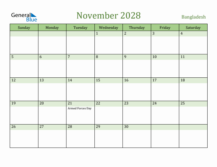 November 2028 Calendar with Bangladesh Holidays