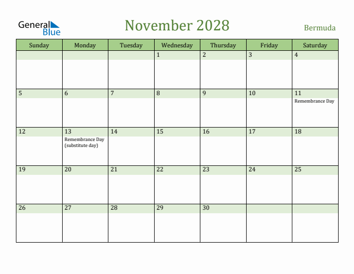 November 2028 Calendar with Bermuda Holidays
