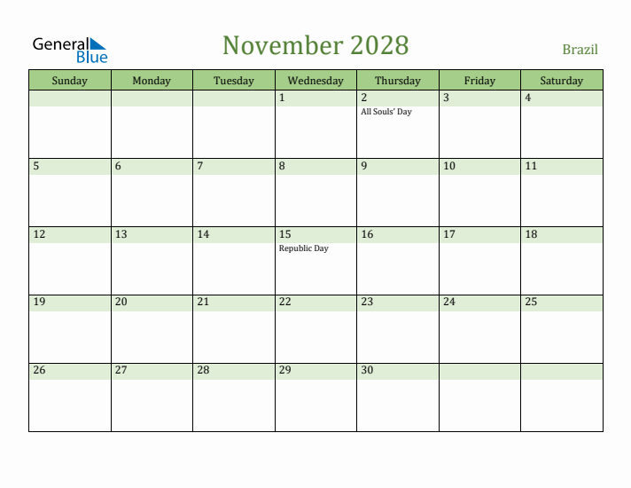 November 2028 Calendar with Brazil Holidays