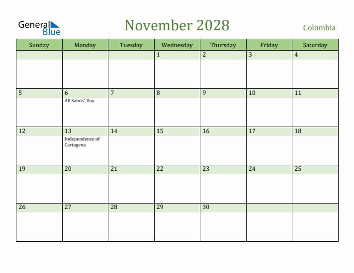 November 2028 Calendar with Colombia Holidays