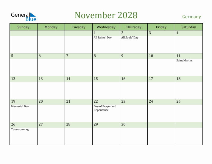 November 2028 Calendar with Germany Holidays