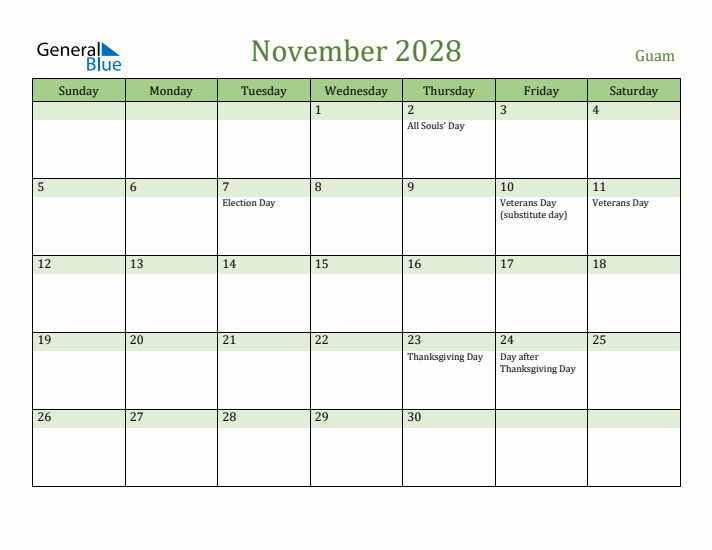 November 2028 Calendar with Guam Holidays