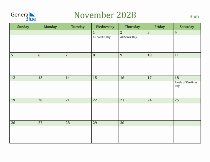 November 2028 Calendar with Haiti Holidays