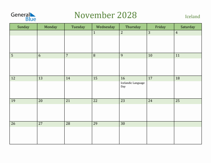 November 2028 Calendar with Iceland Holidays
