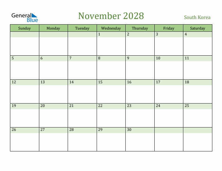 November 2028 Calendar with South Korea Holidays