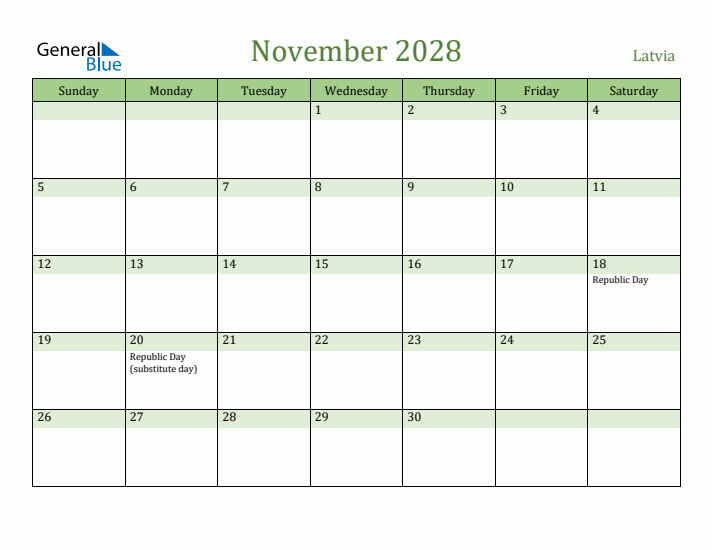 November 2028 Calendar with Latvia Holidays