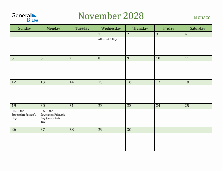 November 2028 Calendar with Monaco Holidays