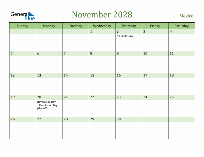 November 2028 Calendar with Mexico Holidays