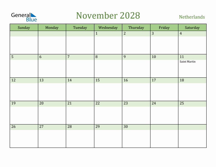 November 2028 Calendar with The Netherlands Holidays