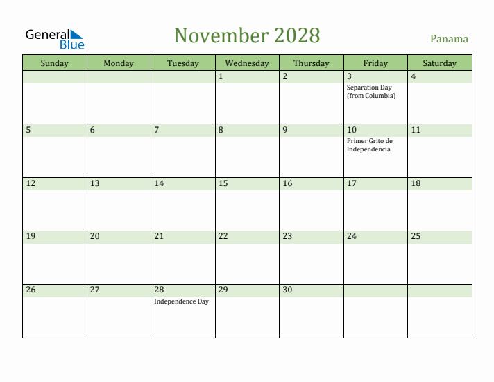November 2028 Calendar with Panama Holidays