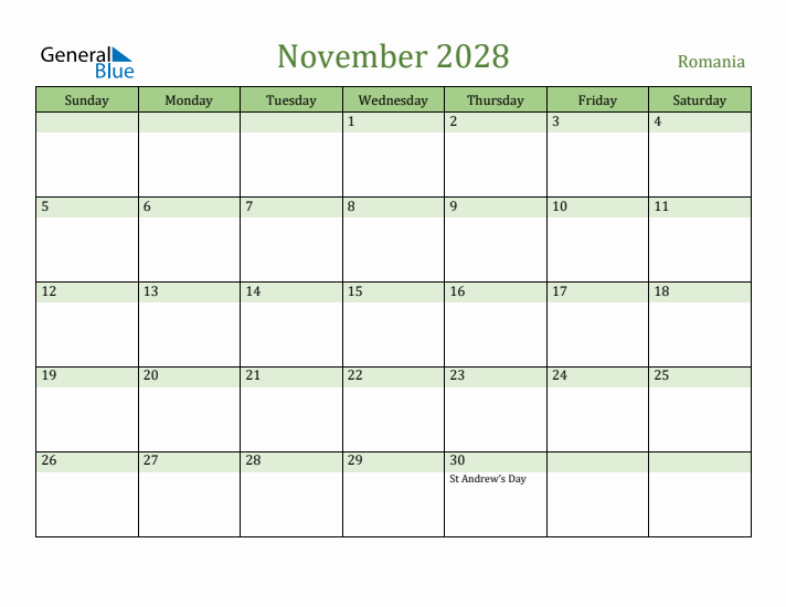 November 2028 Calendar with Romania Holidays
