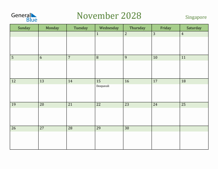 November 2028 Calendar with Singapore Holidays