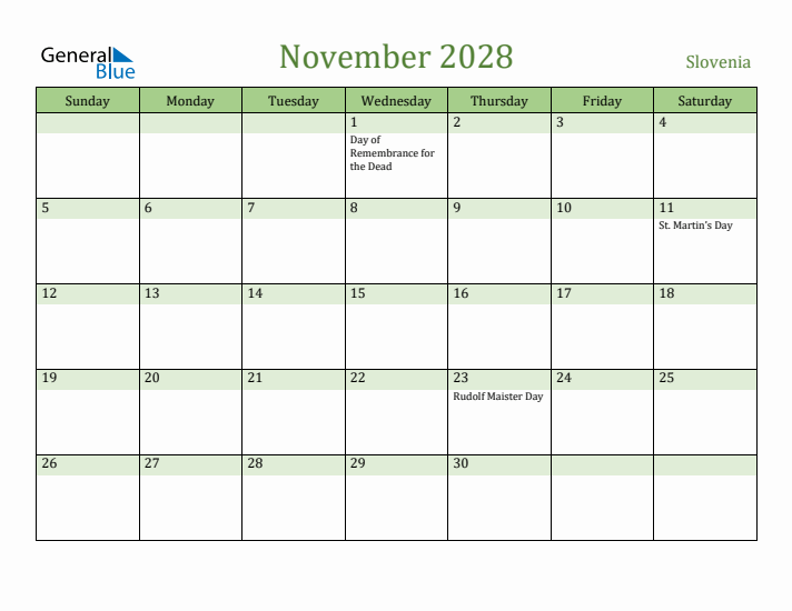 November 2028 Calendar with Slovenia Holidays