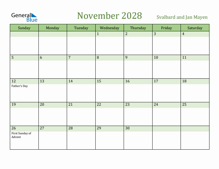 November 2028 Calendar with Svalbard and Jan Mayen Holidays