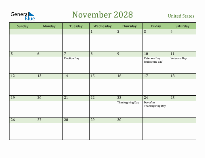 November 2028 Calendar with United States Holidays