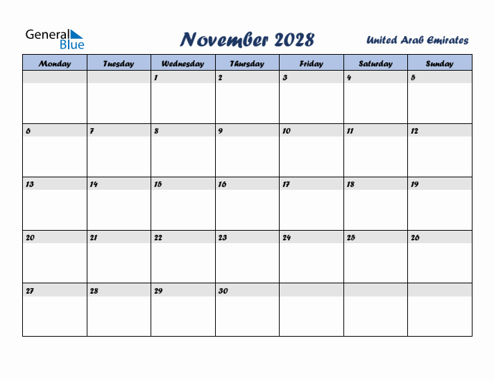 November 2028 Calendar with Holidays in United Arab Emirates