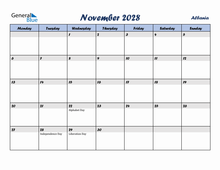 November 2028 Calendar with Holidays in Albania