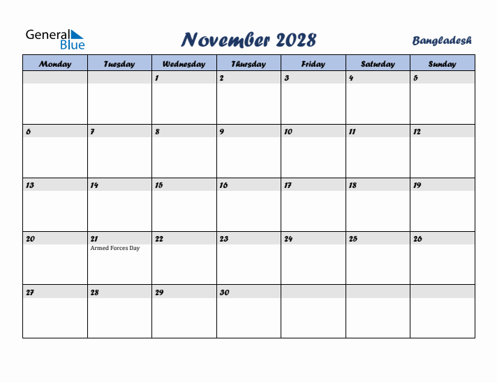November 2028 Calendar with Holidays in Bangladesh