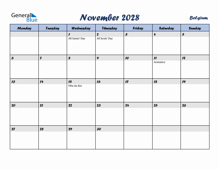 November 2028 Calendar with Holidays in Belgium