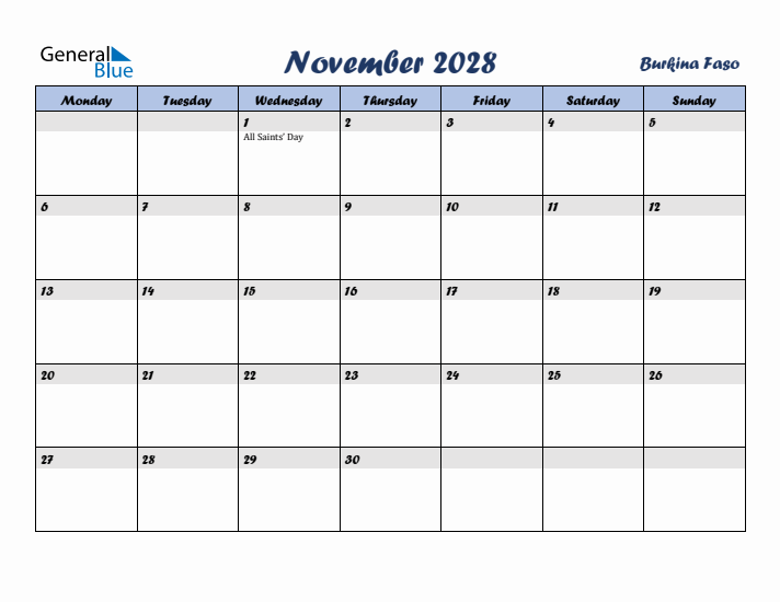 November 2028 Calendar with Holidays in Burkina Faso