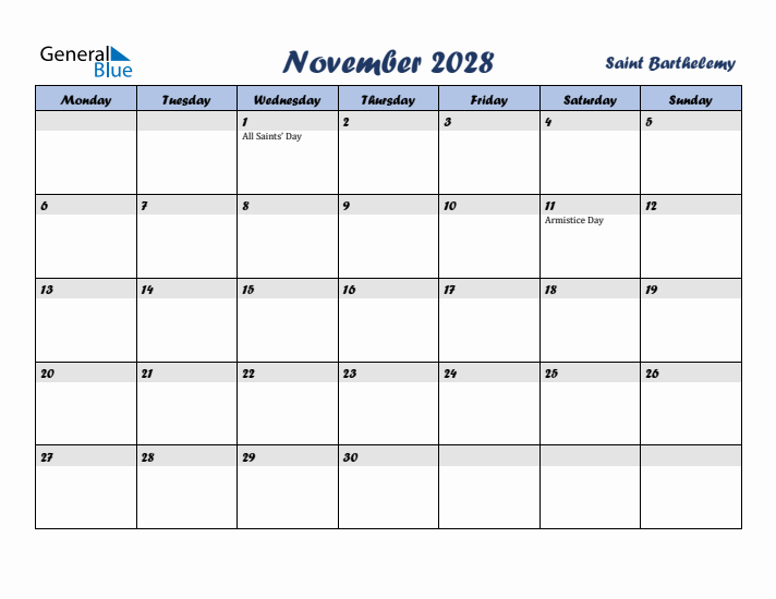 November 2028 Calendar with Holidays in Saint Barthelemy