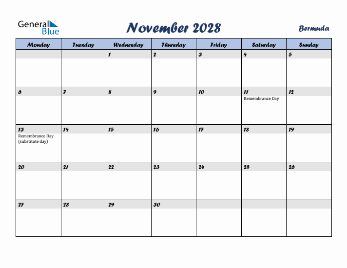 November 2028 Calendar with Holidays in Bermuda