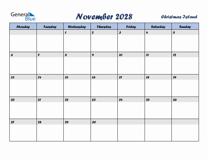 November 2028 Calendar with Holidays in Christmas Island