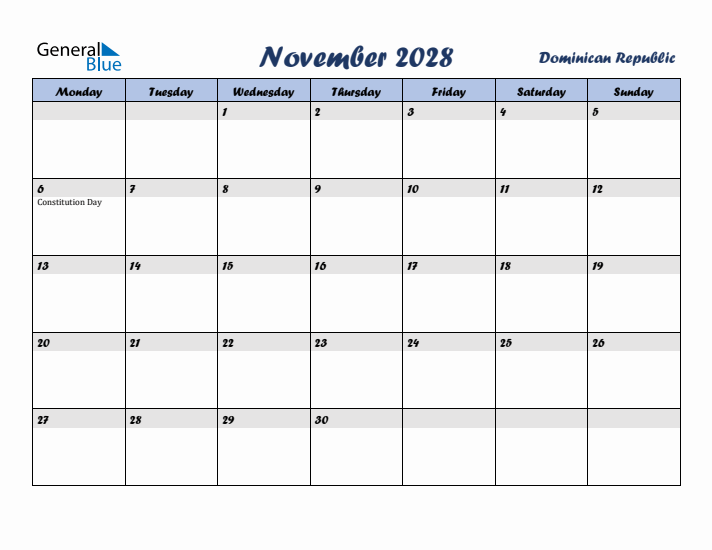 November 2028 Calendar with Holidays in Dominican Republic