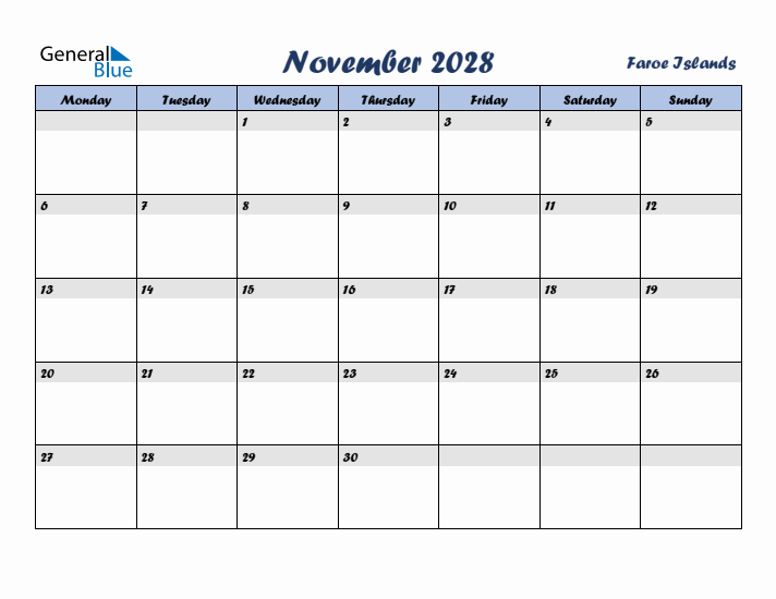 November 2028 Calendar with Holidays in Faroe Islands