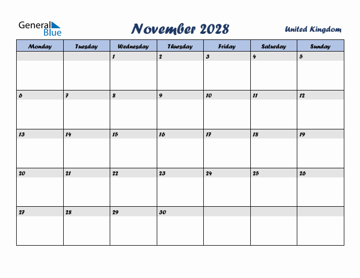 November 2028 Calendar with Holidays in United Kingdom