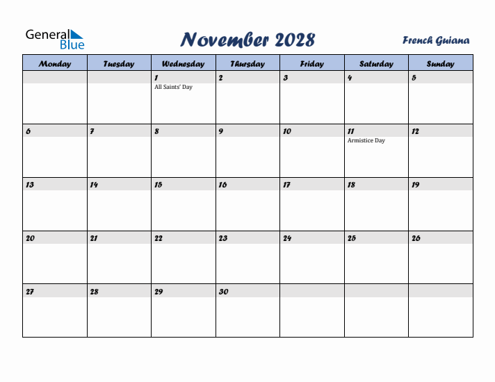 November 2028 Calendar with Holidays in French Guiana