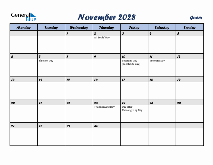 November 2028 Calendar with Holidays in Guam