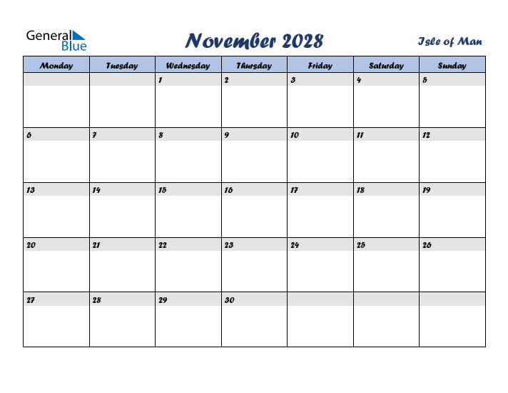 November 2028 Calendar with Holidays in Isle of Man