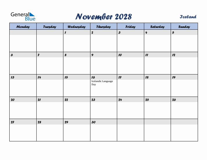 November 2028 Calendar with Holidays in Iceland