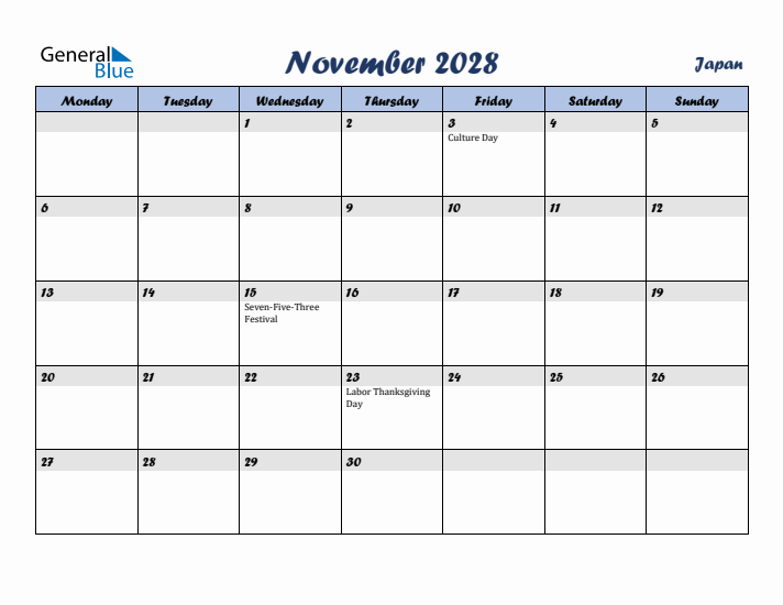 November 2028 Calendar with Holidays in Japan