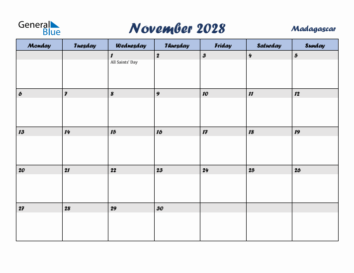 November 2028 Calendar with Holidays in Madagascar