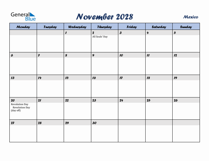 November 2028 Calendar with Holidays in Mexico