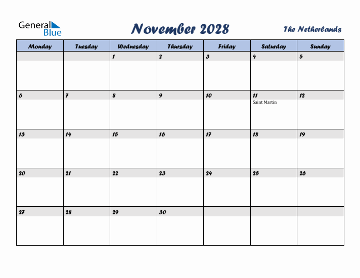 November 2028 Calendar with Holidays in The Netherlands