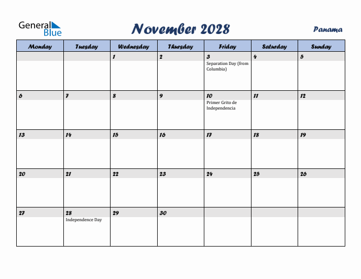 November 2028 Calendar with Holidays in Panama