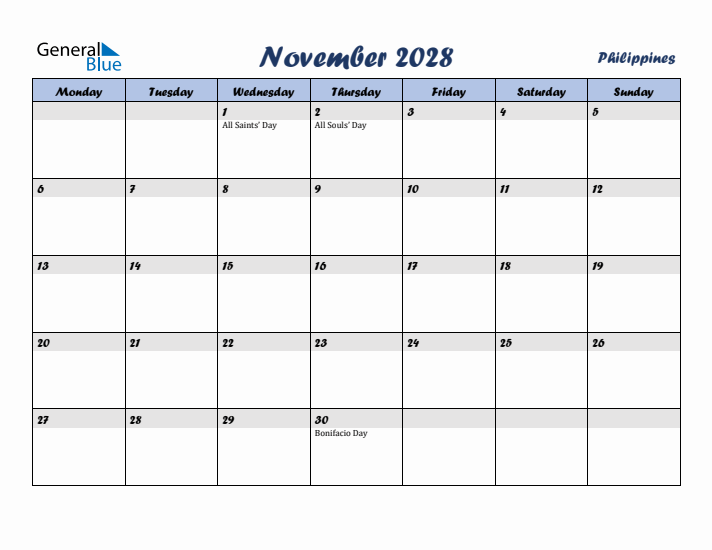 November 2028 Calendar with Holidays in Philippines