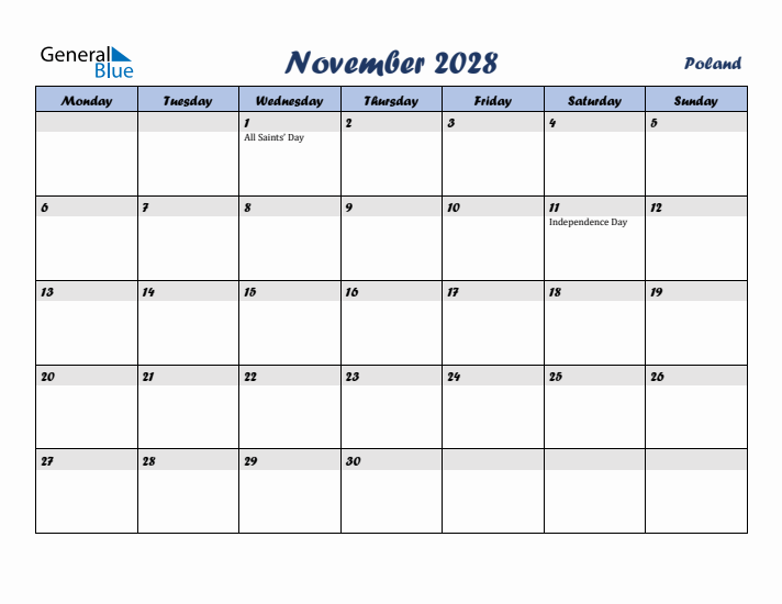 November 2028 Calendar with Holidays in Poland