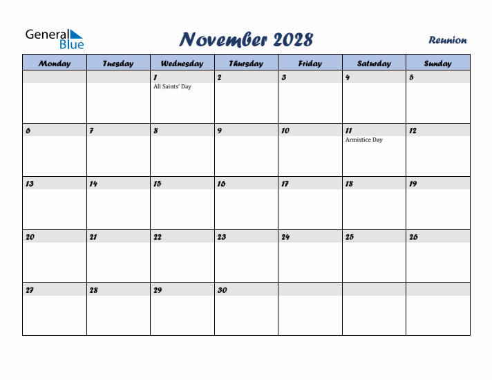 November 2028 Calendar with Holidays in Reunion